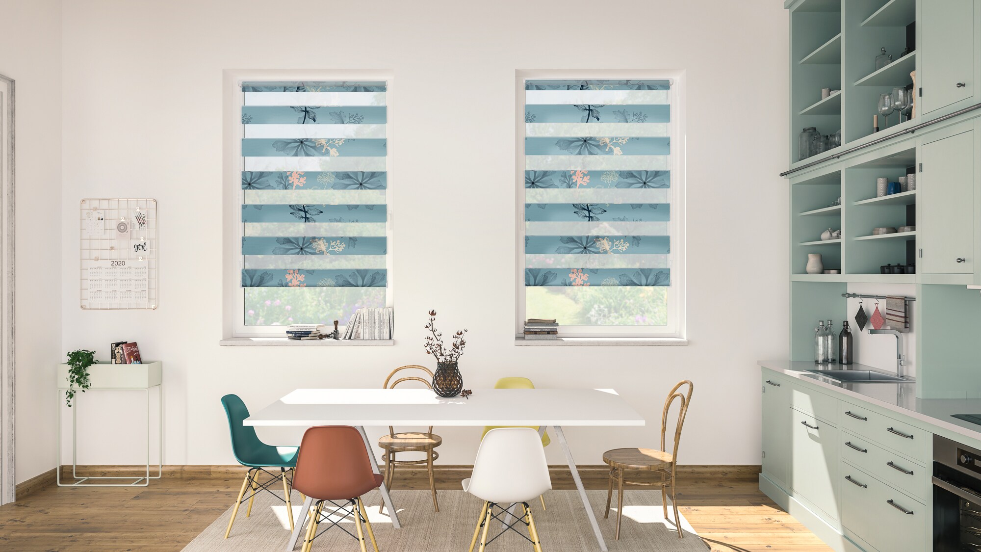 Lichtblick Duo Rollo Klemmfix, ohne Bohren, blickdicht, Aqua Floral - Blau