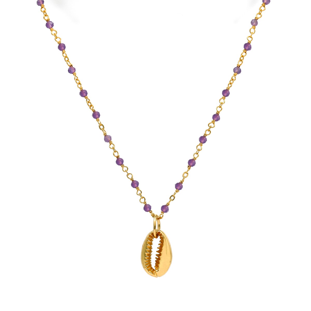 Collier Chaine En Argent Doré Avec Pierres Naturelles D'amethyste Et Coquillage