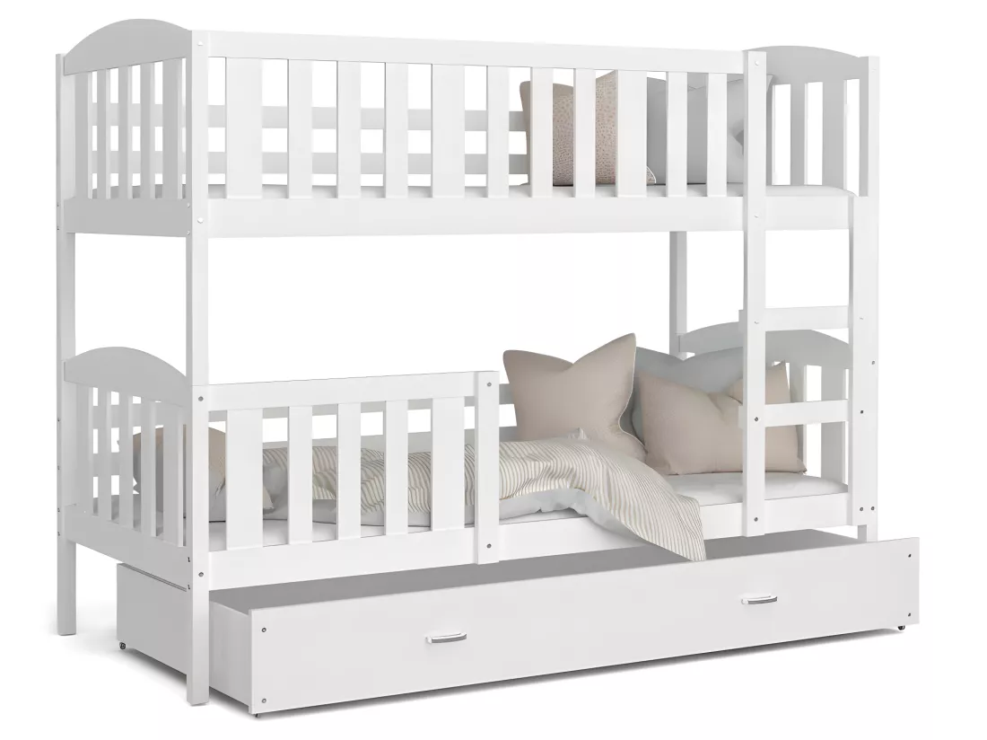 Lit superposé LUNA 90X190 cm - 2 Matelas , 2 Sommiers et Tiroir inclus Blanc