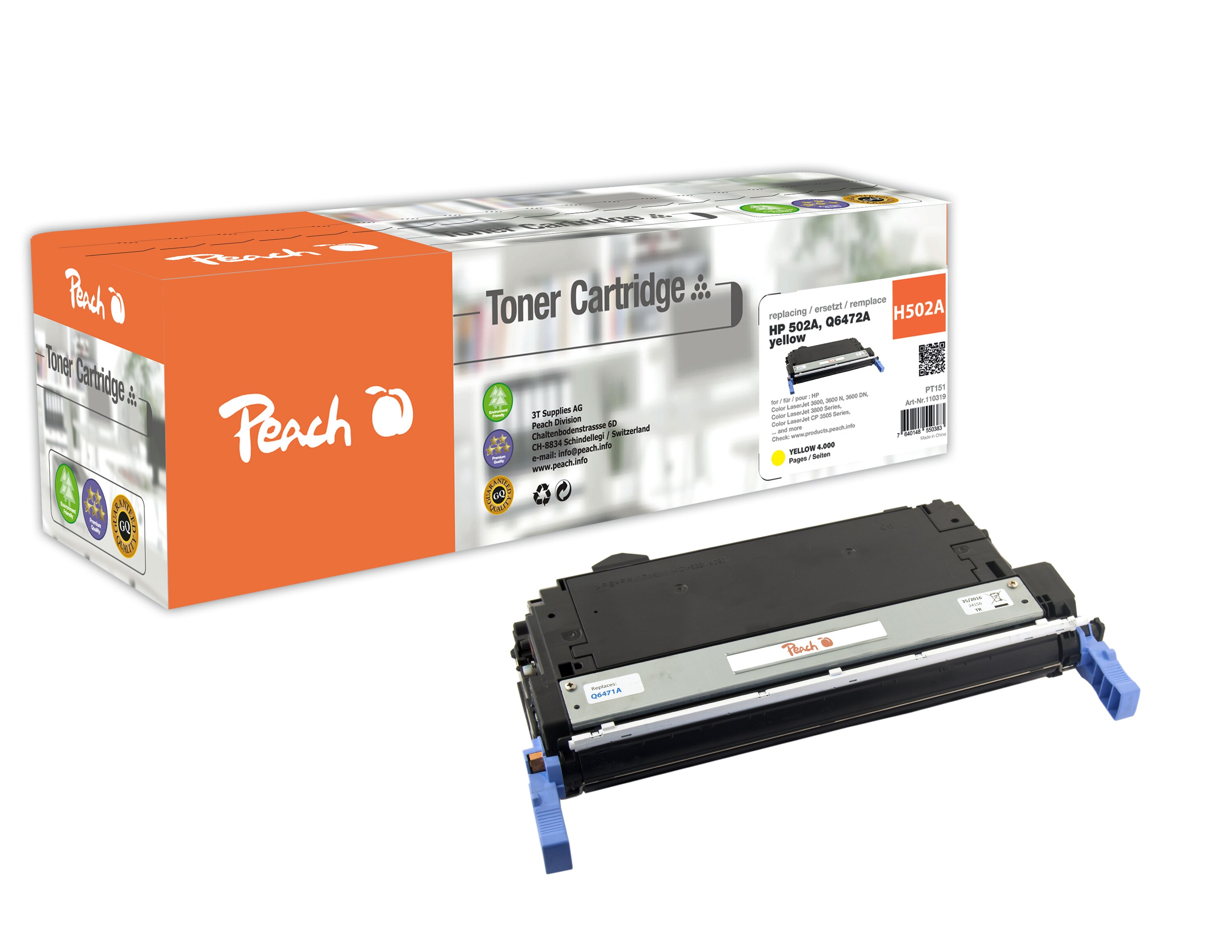 Peach HP 502 AY Toner ye ersetzt HP No. 502A Y, Q6472A für z.B. HP Color LaserJet 3600, HP Color LaserJet 3600 DN, HP Color LaserJet 3600 N (wiederaufbereitet)