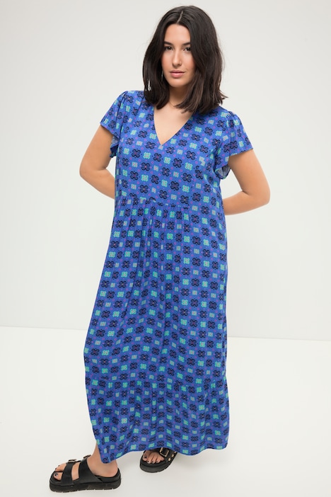 Maxikleid, A-Line, Alloverprint, V-Ausschnitt, Flügel-Halbarm