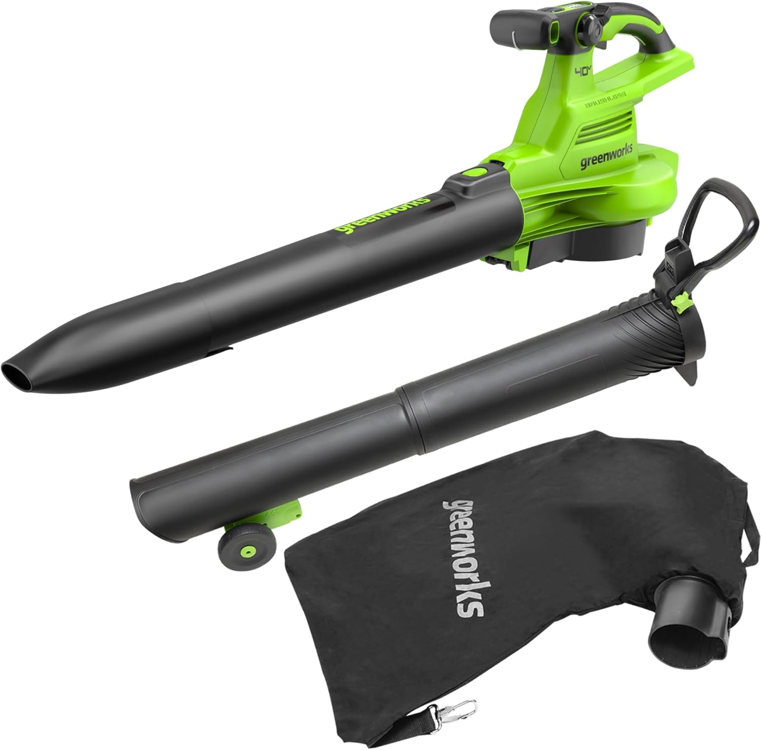 Greenworks 40V Akku Laubsauger / Laubbläser mit bürstenlosem Motor, 370 km/h, 14.17m³/min, 45L Fangsack ，OHNE Akku & Ladegerät, 3 Jahre Garantie GD40BVII, Green, Grey, Black