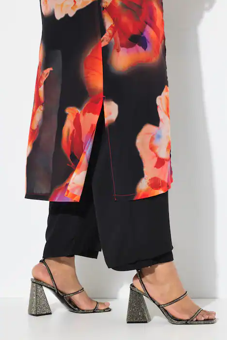 Chiffonjacke, Blüten, Schalkragen, 3/4-Arm, schwarz