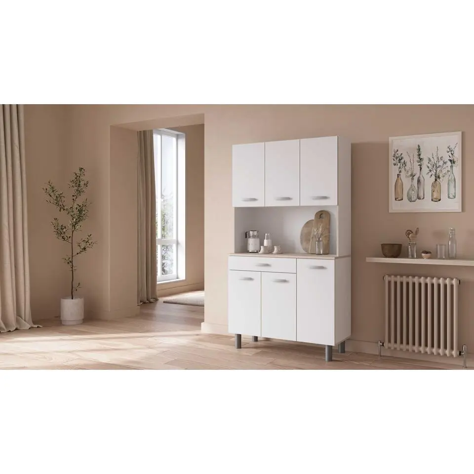 Buffetkast Pavel 185cm hoog - mat wit/acacia met werkblad