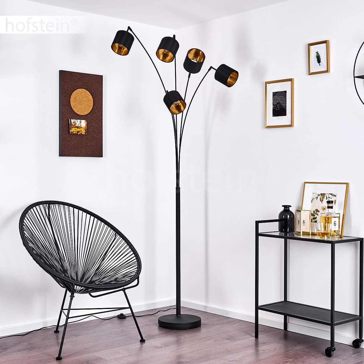Stehlampe Alsen, moderne Stehleuchte aus Metall/Stoff in Schwarz/Gold, 5-flammig, 5 x E14, Höhe 204 cm, Bodenlampe mit verstellbaren Textil-Schirmen und Fußschalter am Kabel, ohne Leuchtmittel