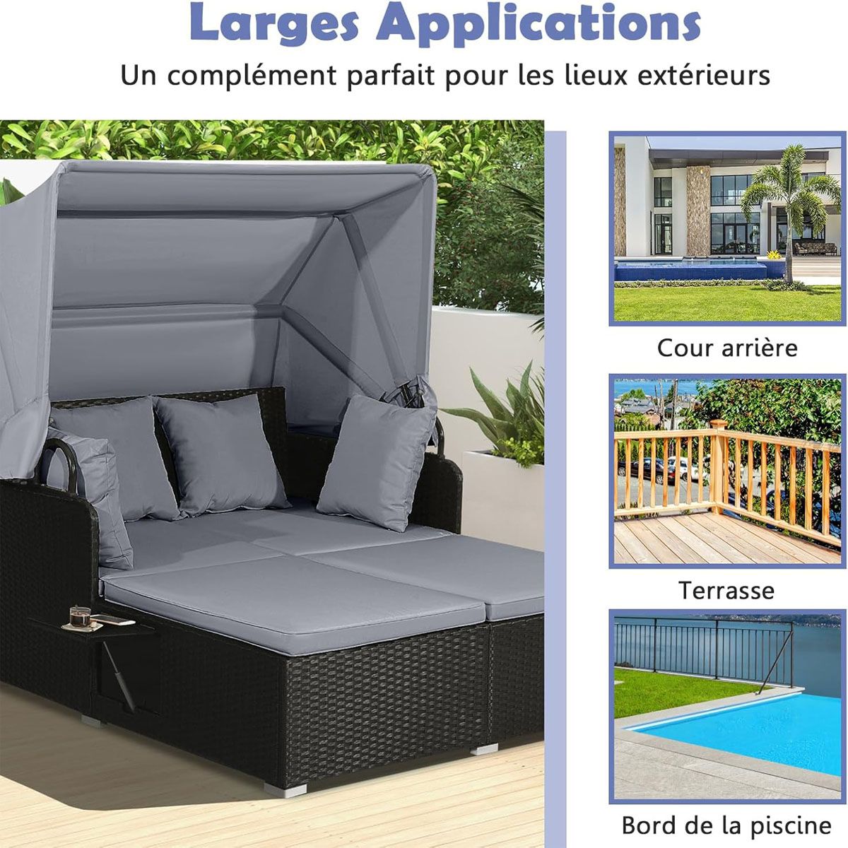 Chaise Longue à 2 Places en Rotin avec Auvent Rétractable Bain de Soleil avec Panneaux Latéraux Pliables Charge 360KG Beige/Gris - Lidl-Manfred