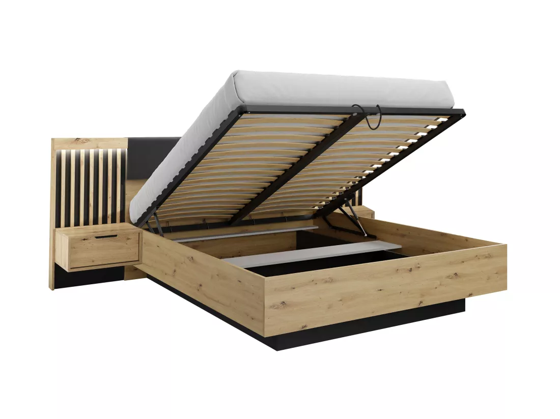 Lit coffre avec chevets 160 x 200 cm - Avec LEDs - Coloris : Naturel et noir - ARIADA
