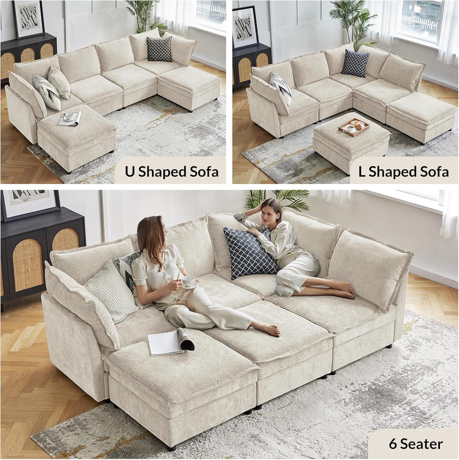 HULALA HOME Modulares XXL 2-Sitzer Sofa mit verstecktem Stauraum 170 cm Couch mit Extrabreite Sitzflächen, frei kombinierbar & waschbare Bezüge, Beige