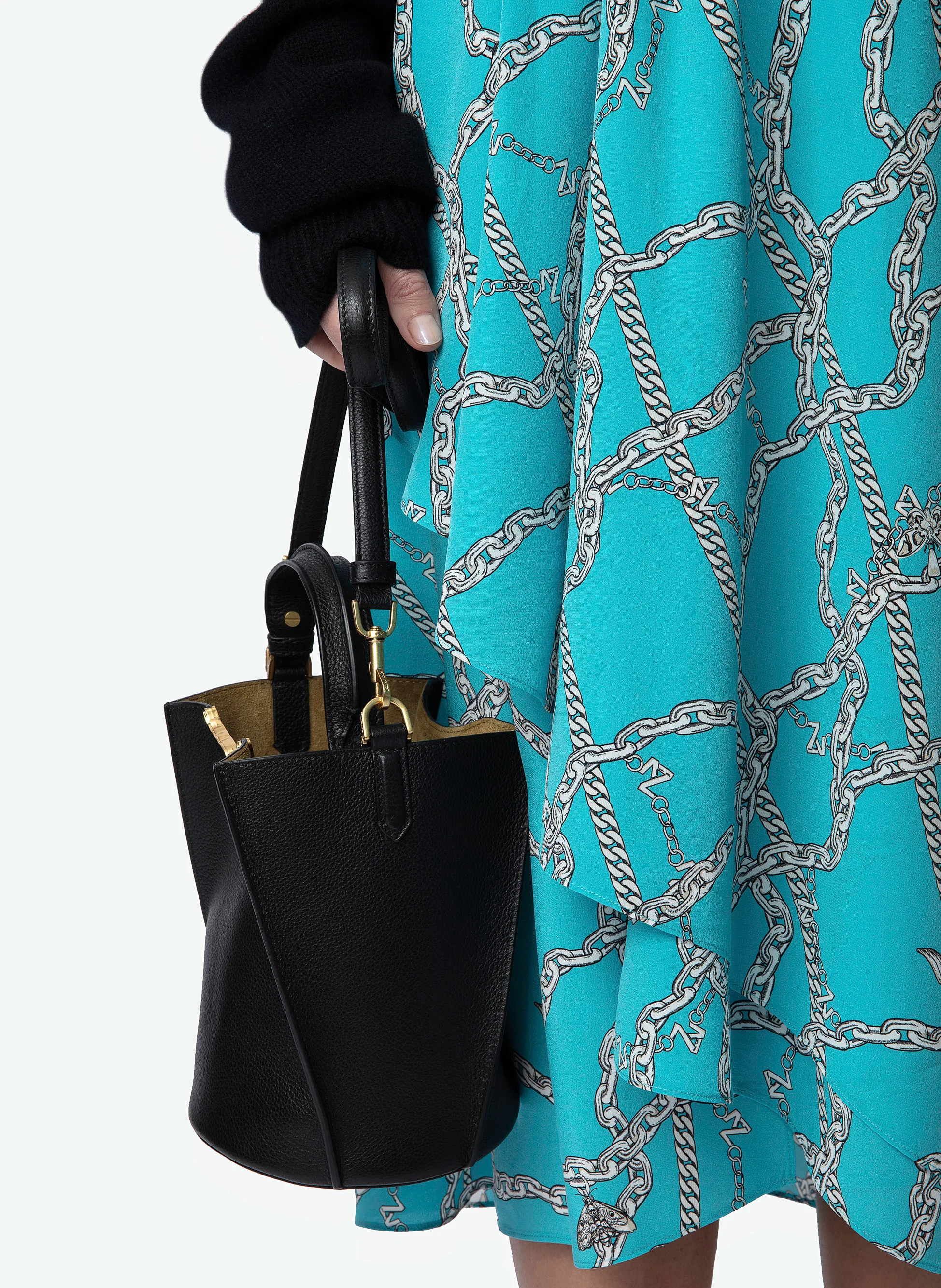 RANDALL - Robe midi col V imprimée en soie| Bleu