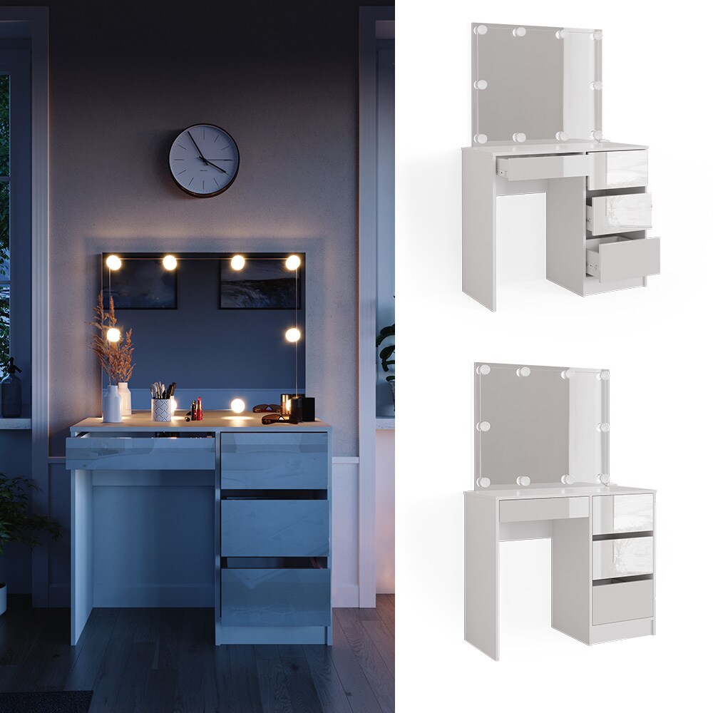Vicco Schminktisch Frisiertisch Frisierkommode Sherry Weiß Schminkspiegel LED 90x75 cm modern Schlafzimmer Kommode Schublade Ablage Aufbewahrung Kosmetiktisch Make-Up-Tisch Hochglanz