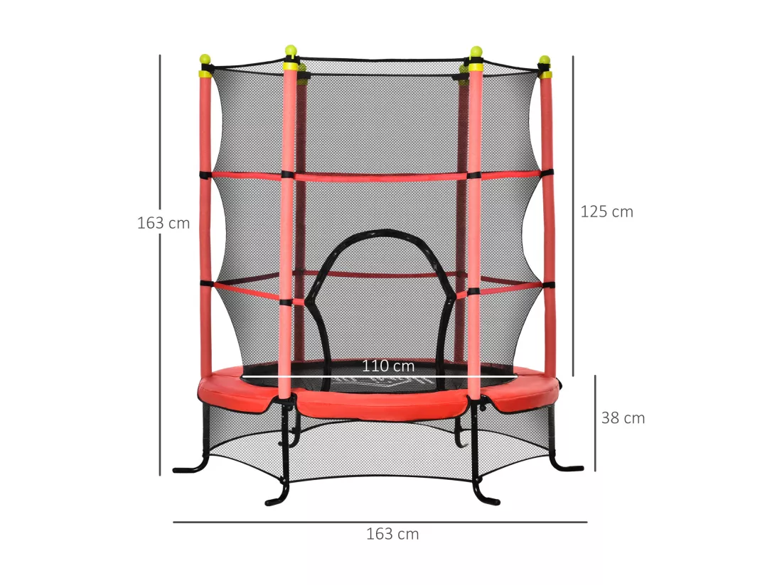 Trampoline enfant Ø 1,63 × 1,63H m filet de sécurité porte zipée couvre-ressorts 6 poteaux rembourrés inclus rouge