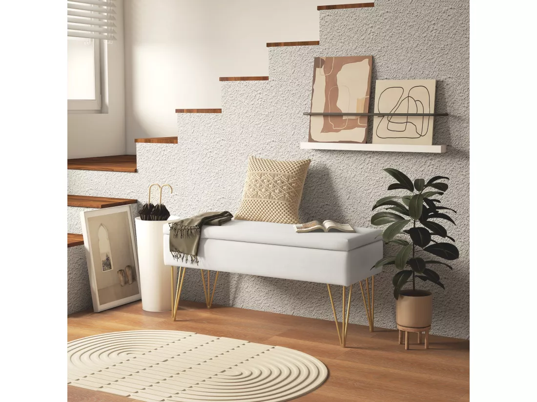 Banquette coffre de rangement 2 en 1 design art déco - piètement épingle acier doré tissu crème