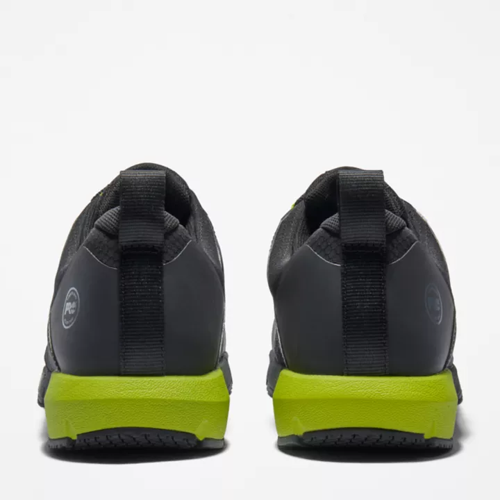 Sapato de trabalho masculino Radius com biqueira de liga metálica, nas cores preto e verde.