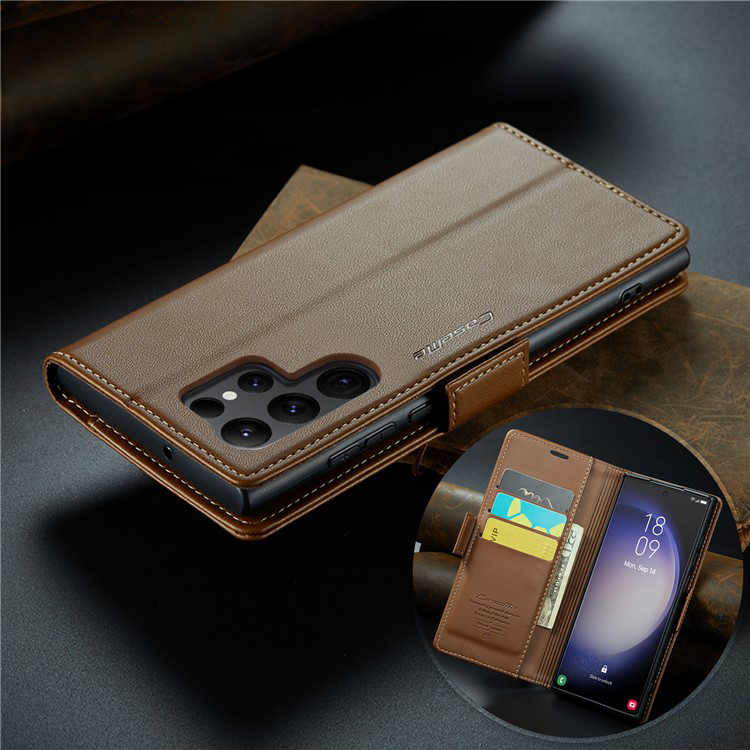 Samsung Galaxy S24 Ultra Leder Tasche Flip Wallet Etui mit Kartenfächern Litchi Look (RFID Schutz) - Braun