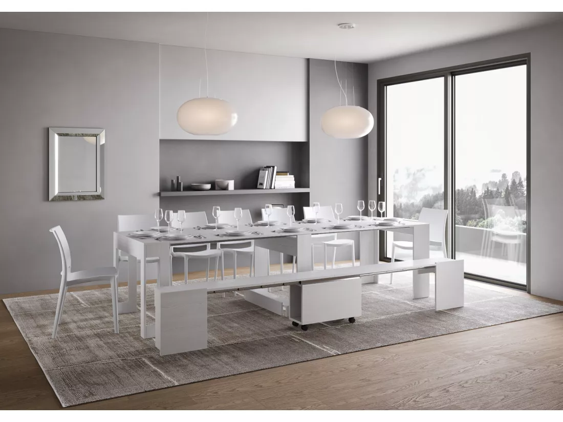 Console extensible 90x42/302 cm Evolve Frêne Blanc rallonges internes avec banc inférieur