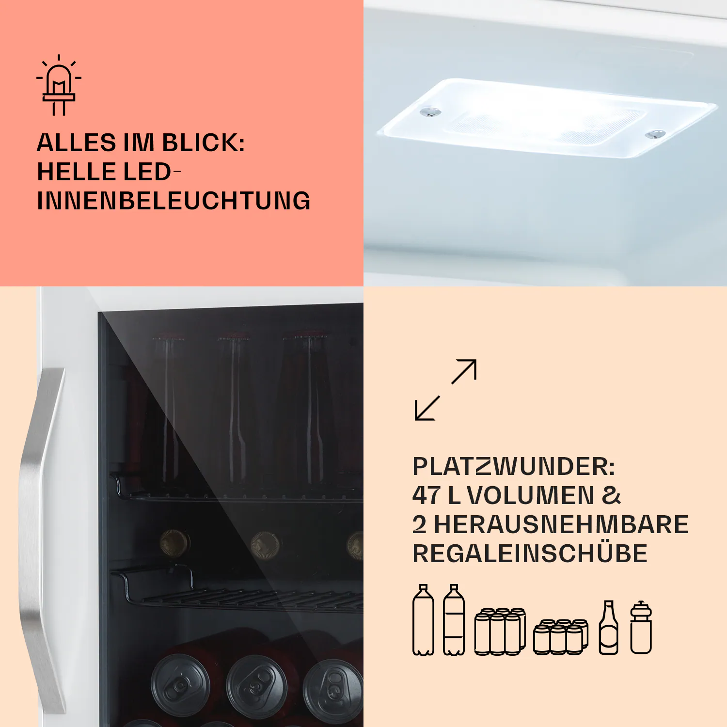 Beersafe L Quartz Kühlschrank 47 Liter 2 Böden Panoramaglastür weiß