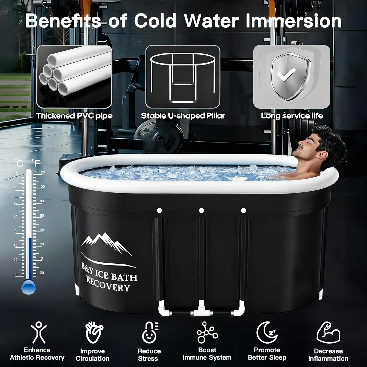 B&Y Ovales Eisbad, Faltbare Badewannen Erwachsene, Isolierte Eistonne für Innen und Außenbereich, Kältetherapie für Sportler Athleten, Ice Bath/Cold Plunge für Zuhause (Schwarz 120x65x65cm)
