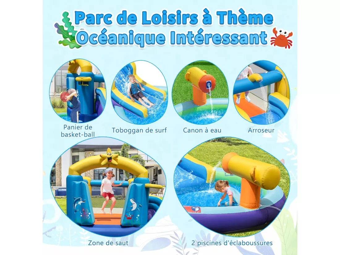 Château Gonflable Océan 6 en 1 avec Toboggan Aquatique & 2 Piscines, Maison de Rebond Gonflable avec Souffleur 680W, Canon à Eau, Zone de Saut, Charge 90kg pour 2 Enfants de 3-10 Ans