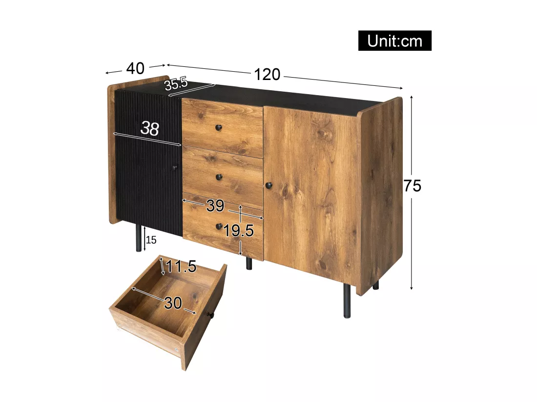 Buffet contemporain - 2 portes et 3 tiroirs - Noir & Naturel