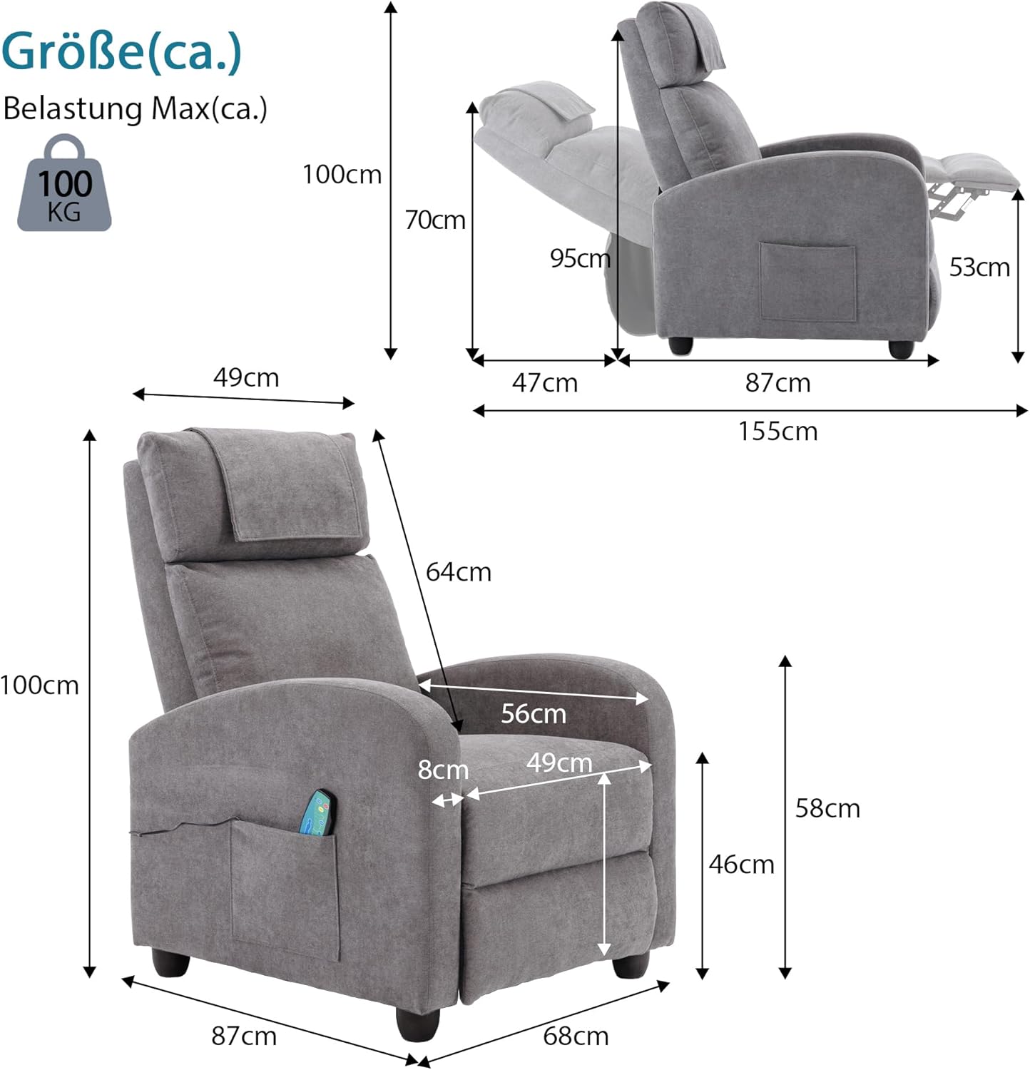 Relaxsessel Ergonomisch Massagefunktion, Einzelsofa Liegefunktion mit Heizung, Lesesessel Fernsehsessel Körper Vibration Sessel, Gesund Loungesessel Polstersessel, 67.5X87X100 cm (Hellgrau)