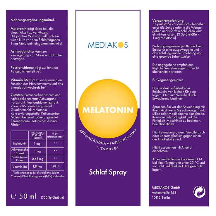 Melatonin Ashwagandha Mediakos Schlaf Spray vegan, 20 ml