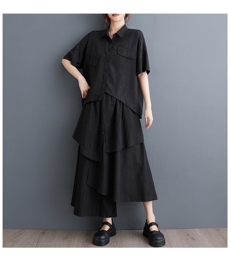 Lewwe - Set: Asymmetrisch overhemd met knoopjes en elleboogmouwen + A-lijn rok met elastische taille