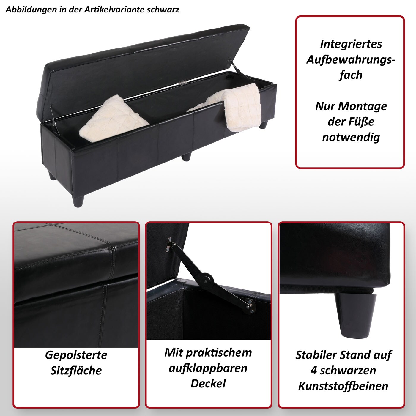Aufbewahrungs-Truhe Sitzbank Kriens XXL, Kunstleder, 180x45x45cm MVG-zertifiziert ~ schwarz