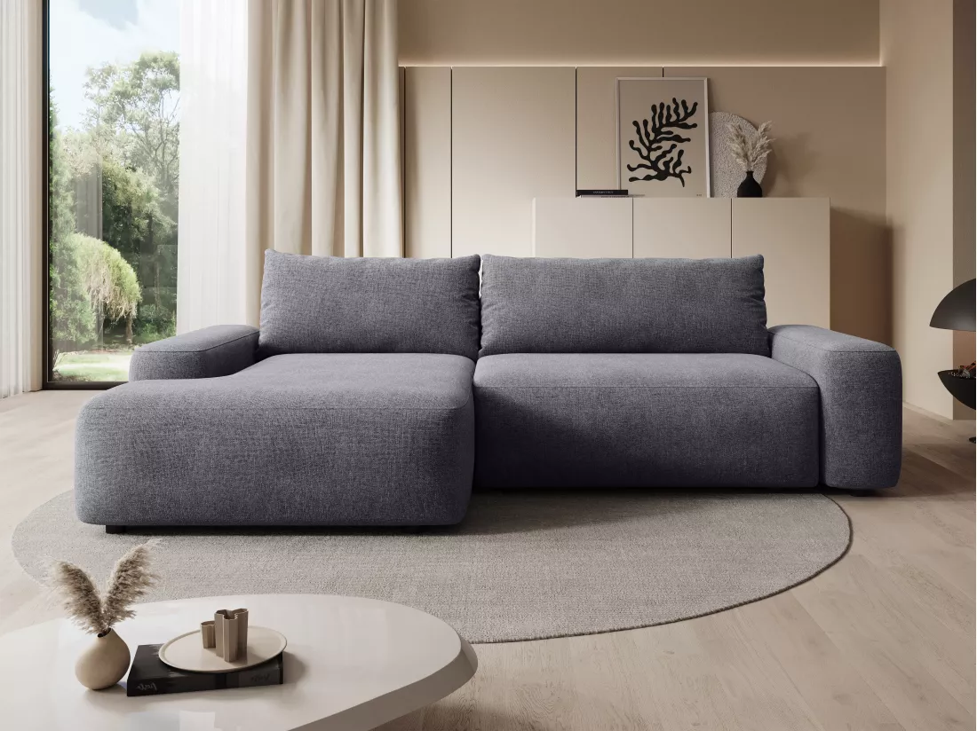 Canapé d'angle gauche convertible en tissu texturé gris DAVISO