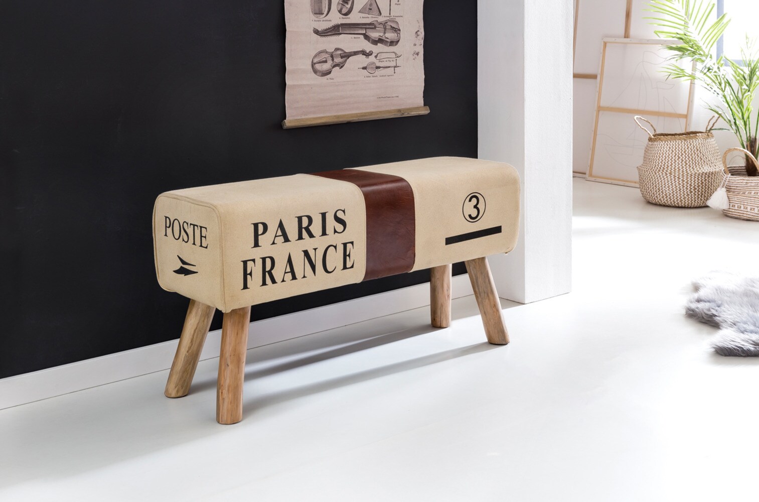 KADIMA DESIGN Retro Sitzbank Canzas, 91 cm, Stoff/Leder, Braun/Beige - Stabile Holzbeine & Bequem