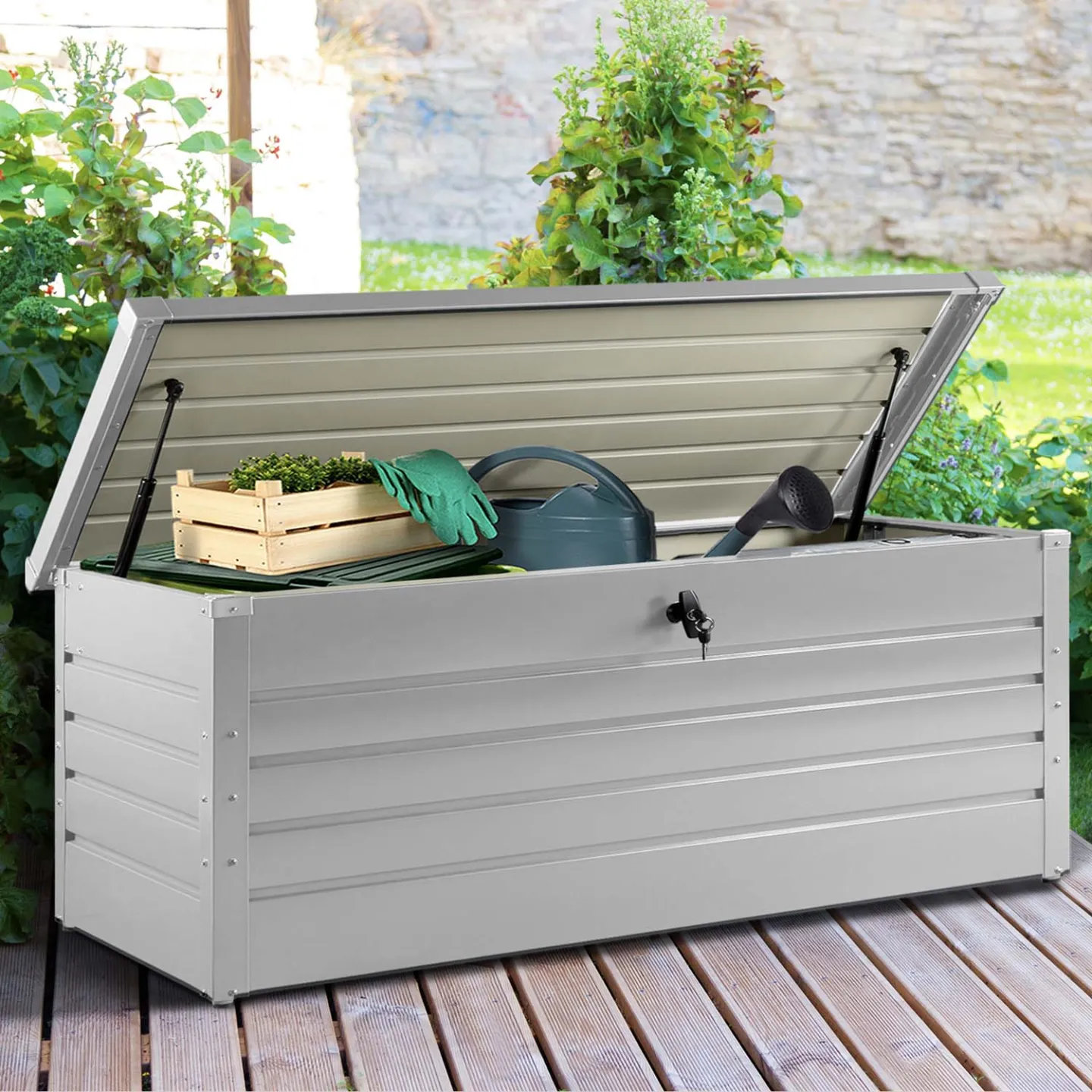Coffre de rangement métal verrouillable gris clair pour jardin 600L 165x70x63 cm