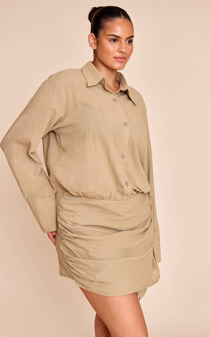 Kaki Combi-short Jupe-culotte À Manches Longues Style Chemise Aspect Lin Grande Taille