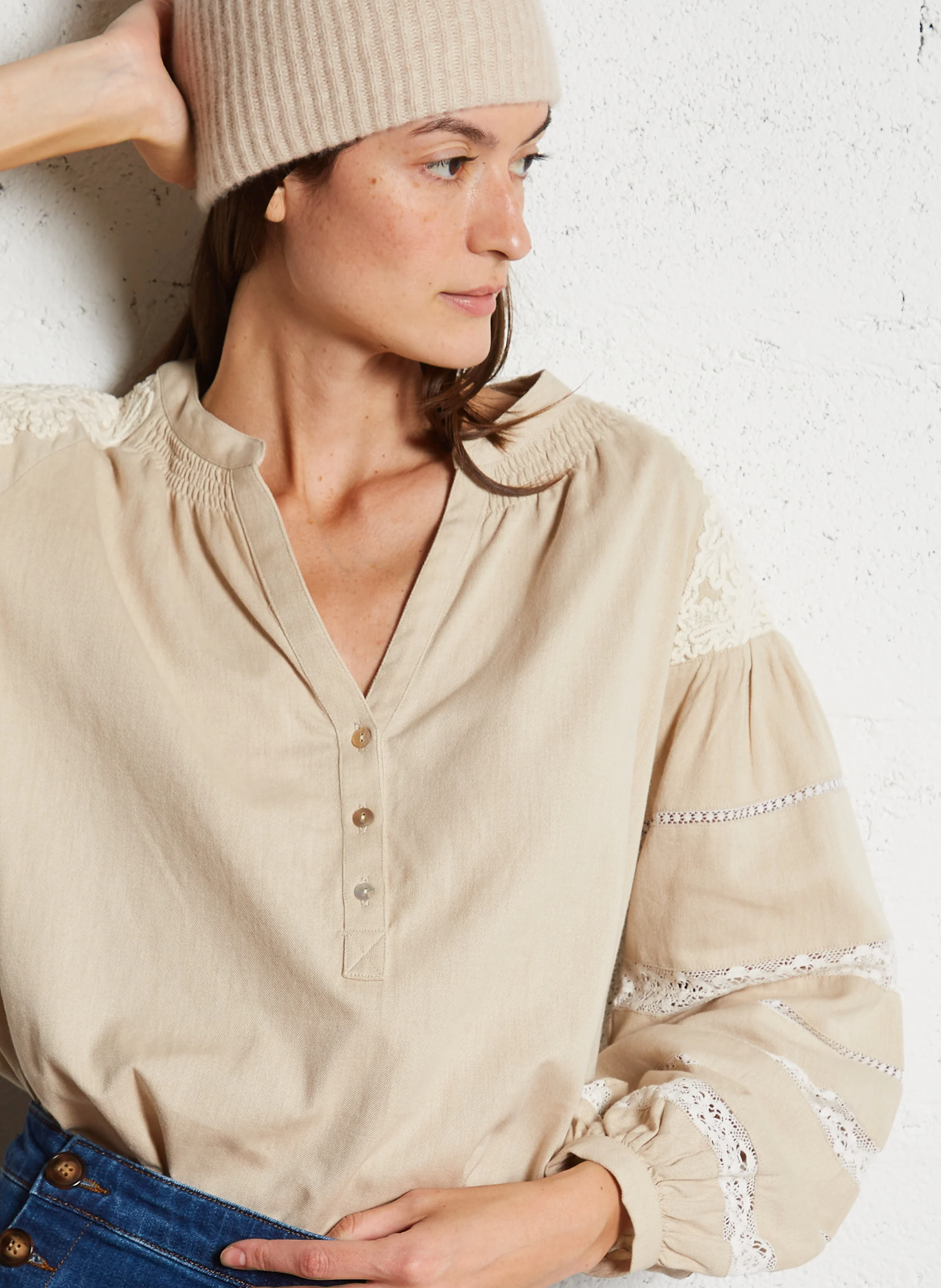 DEOTILLE - Blouse ample col tunisien en coton | Beige