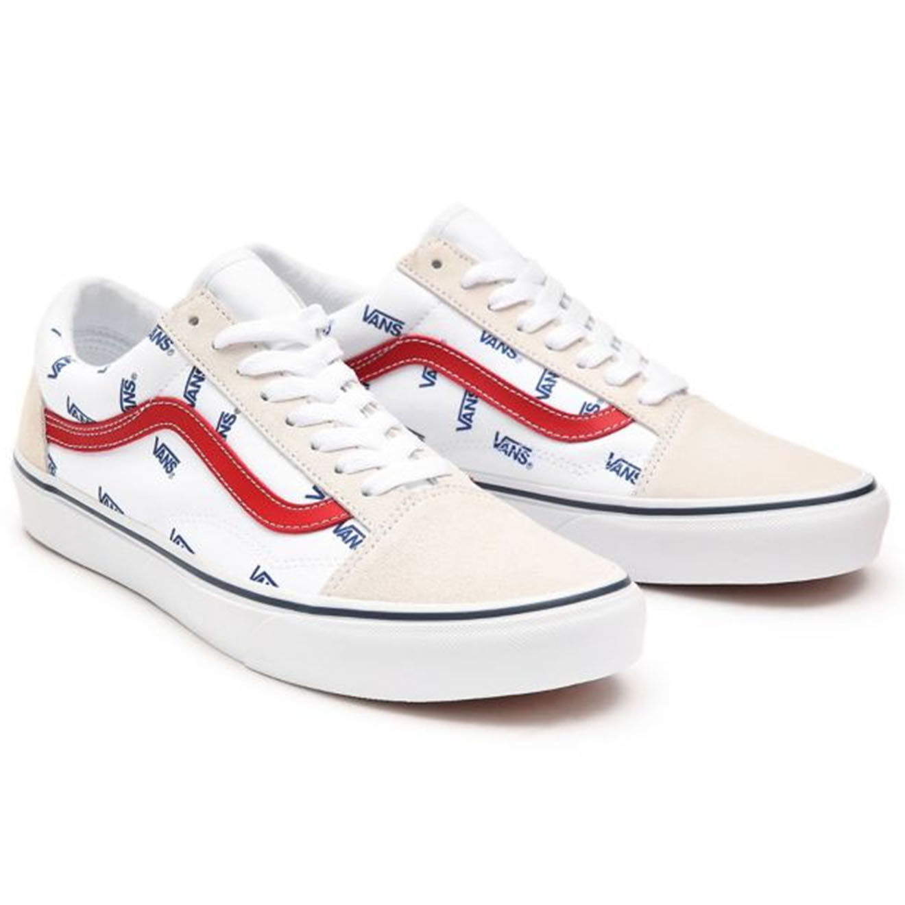 Vans Sneakers en Velours de Cuir et Toile Old Skool Logo blanc/crème/bleu/rouge
