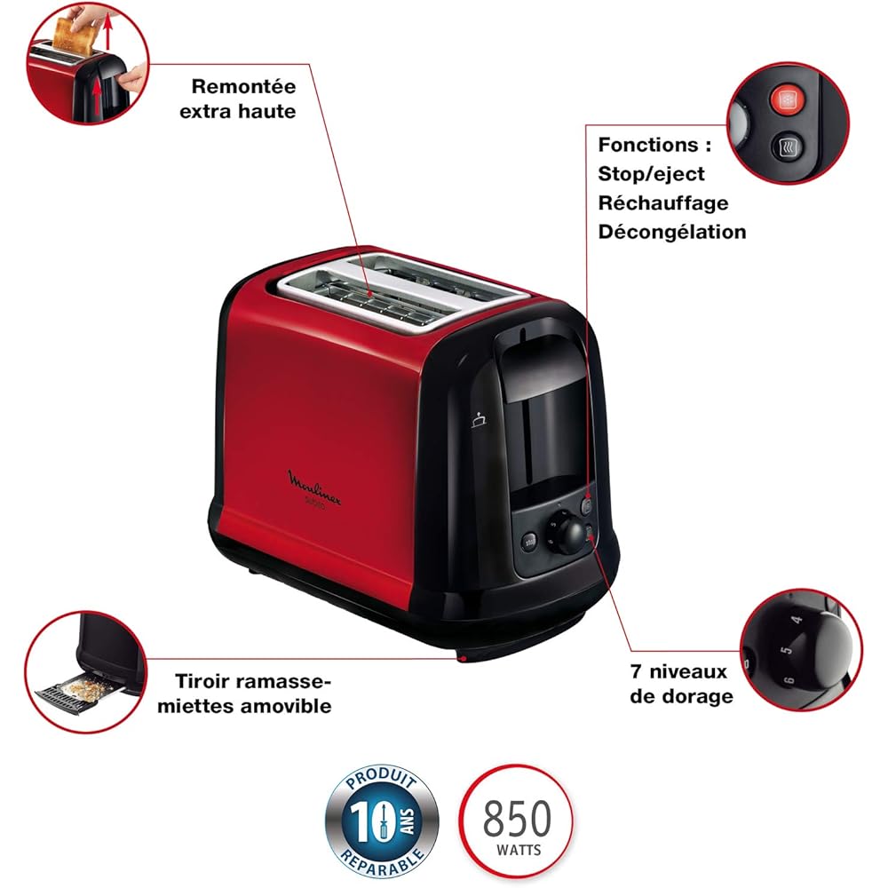 Moulinex LT260D11 Grille-Pain Toaster Subito 2 Fentes Décongélation Réchauffage Thermostat Réglable Rouge Inox 850W + BY540510 Bouilloire Électrique sans Fil Subito Rouge Inox 1,7 L 2400W : Cuisine et Maison
