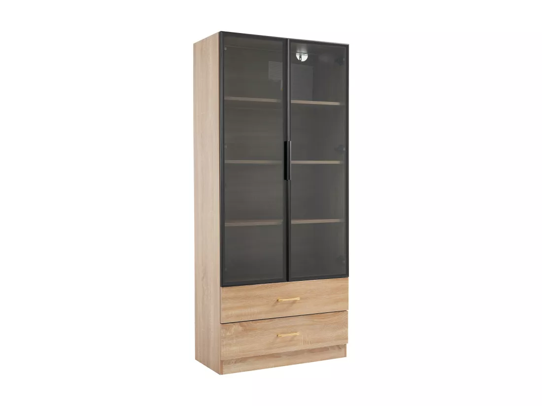 Vitrine、Meuble de salle de bain avec LED - 2 tiroirs et 2 portes vitrées - Naturel