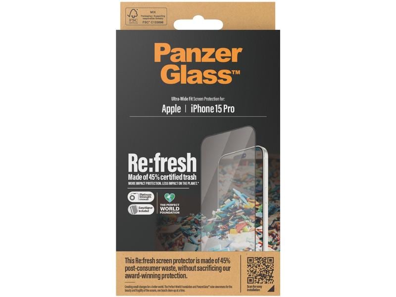 Panzerglass Displayschutz Refresh  iPhone 15 Pro Displayschutzfolie mit Applicator und 45% recyceltem Glas für das Apple iPhone 15 Pro