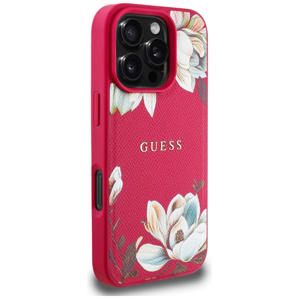 iPhone 16 Pro MagSafe Leder Hardcase Hülle Grained Printed Flower (GUHMP16LPGNMPLMF) - Rot