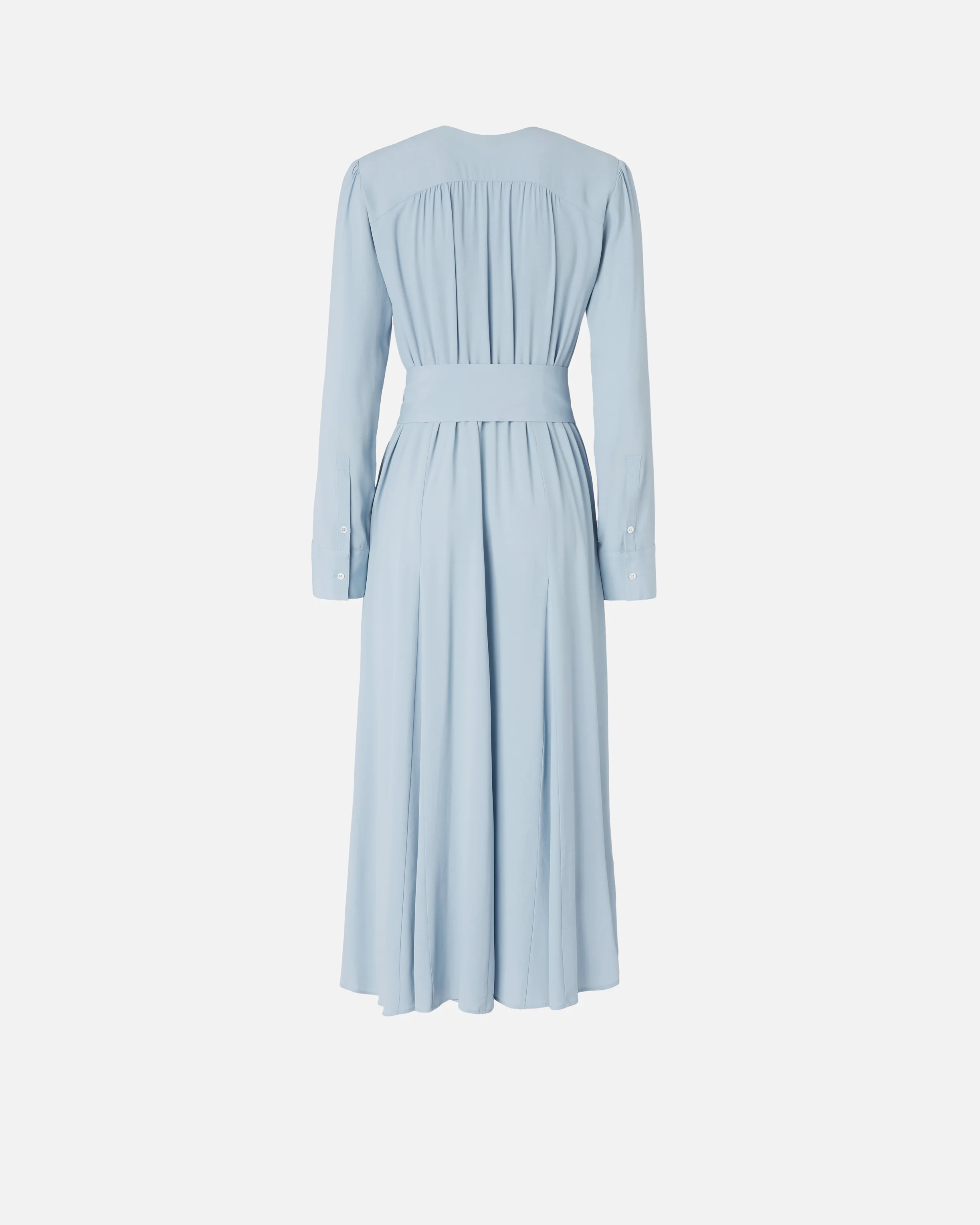 Robe longue ceinturée en soie mélangée à manches longues | Bleu