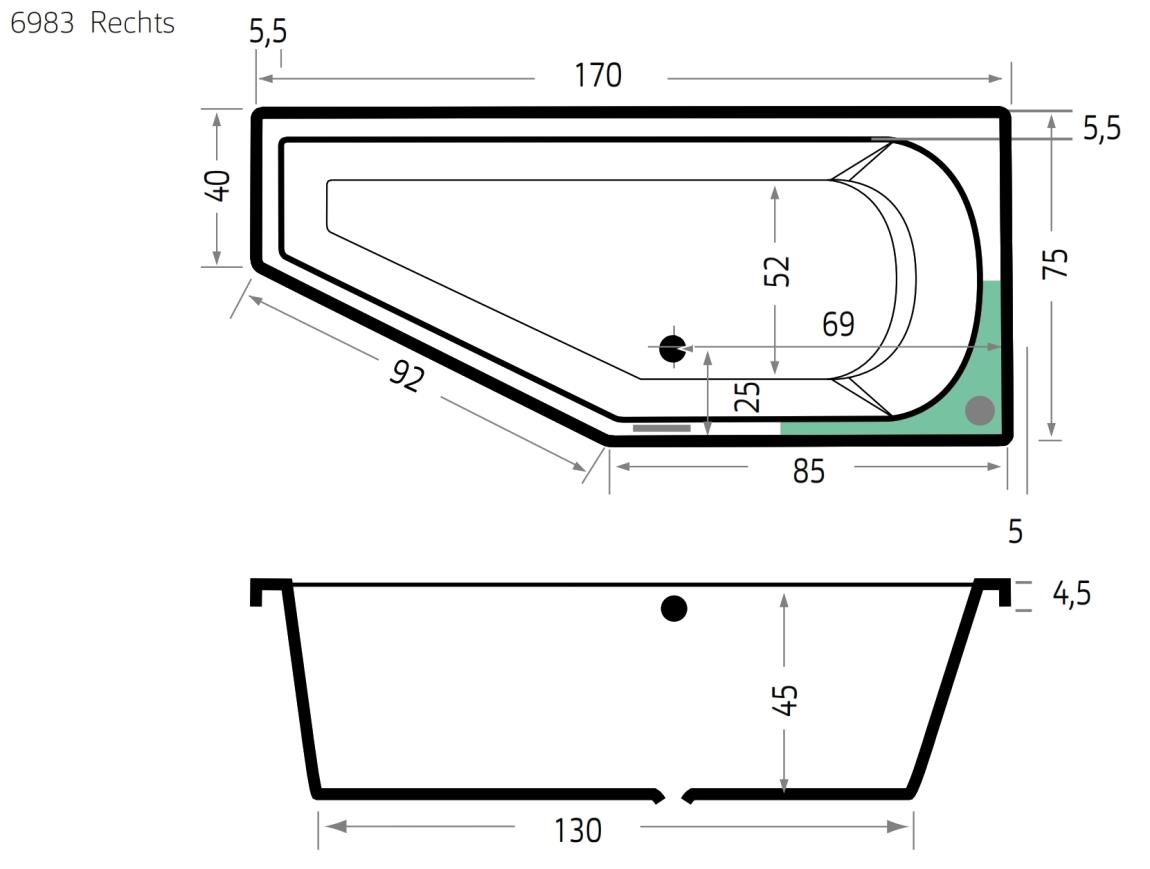 Xenz Lagoon Compact badkuip rechts 170x75x45cm wit
