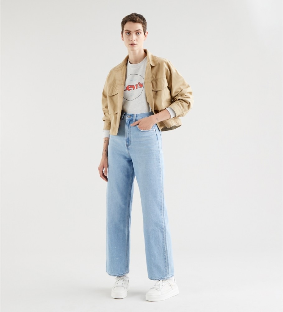 Calça jeans Levi's azul claro, cintura alta, modelagem ampla e modelagem circular.