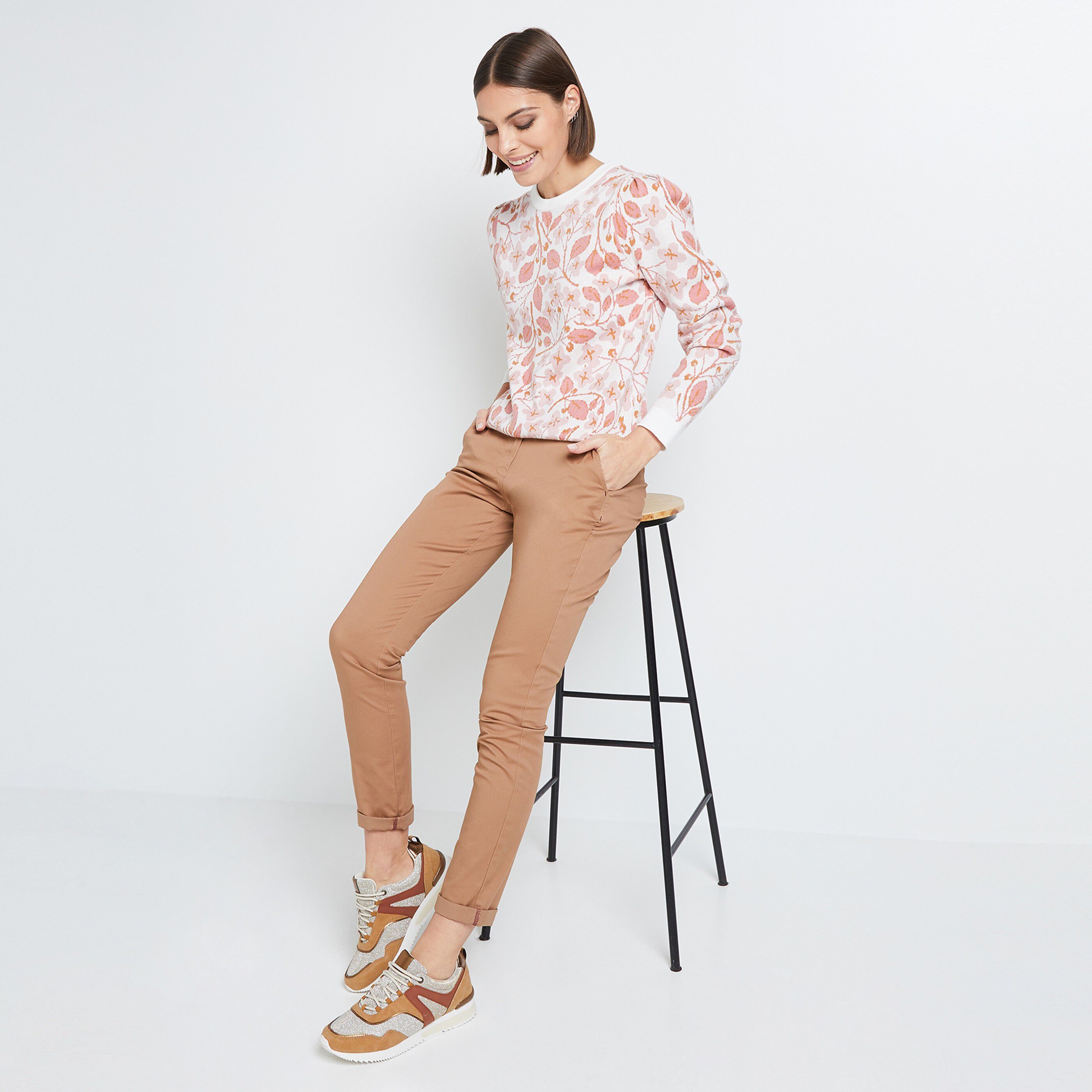 Pantalon chino avec ceinture femme - CAMEL