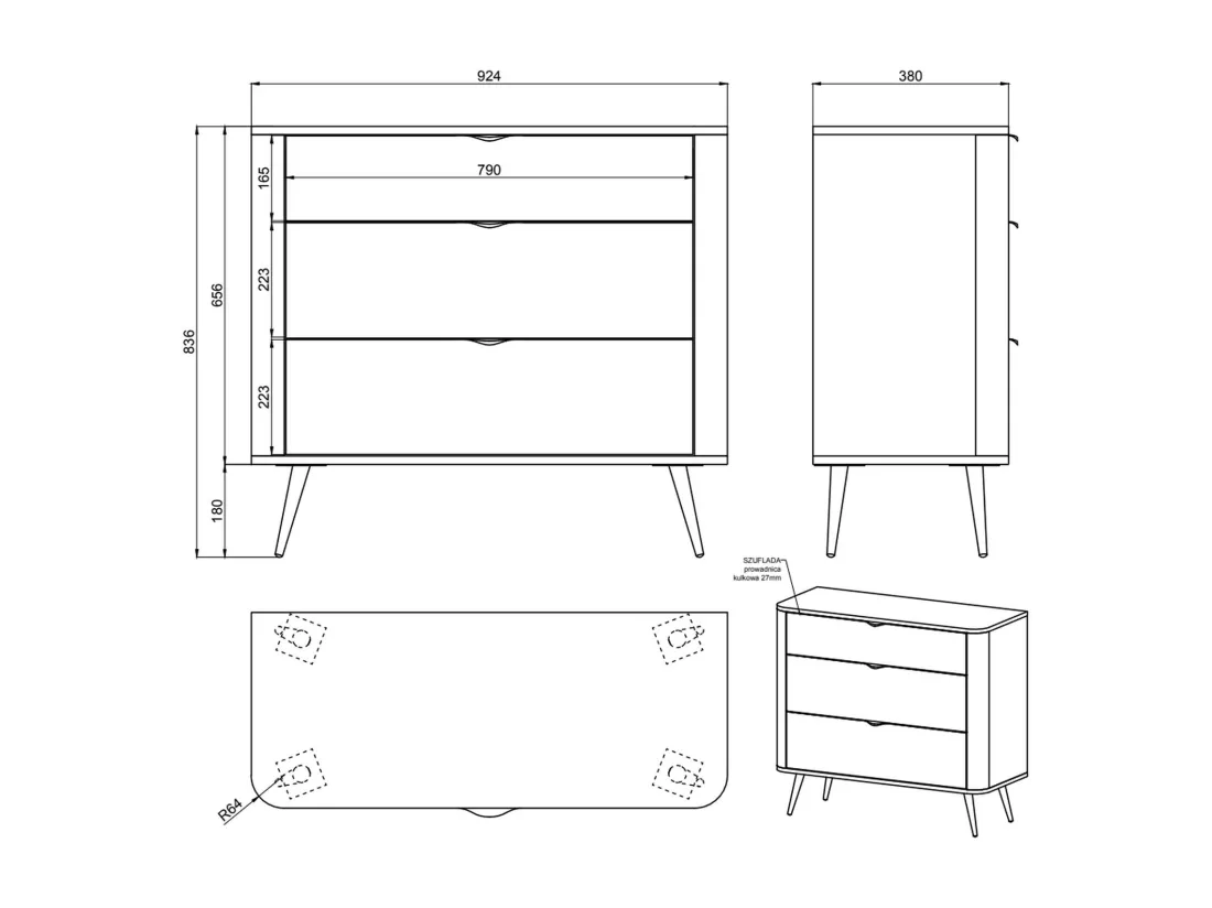 Commode - 90 cm - 3 tiroirs - blanc - OVAL