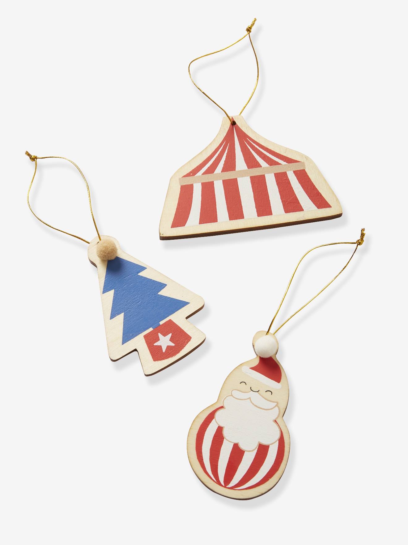 Conjunto de 3 decorações de circo, vermelho médio, lisas com motivos.