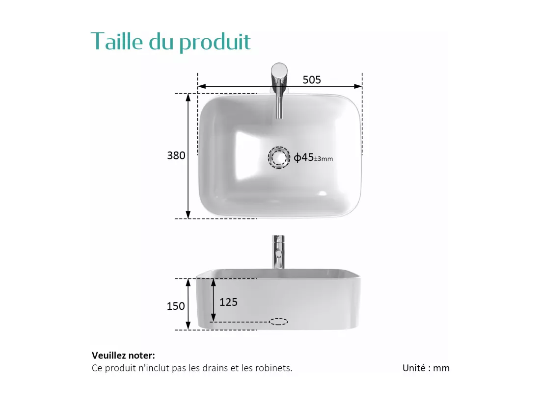 EMKE Vasque à Poser 505 x 380 x 150 mm, Lavabo Rectangulaire en Céramique pour Salle de Bain, Design Angles Arrondis R, Blanc Mat