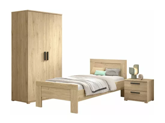 MARCO - Chambre Enfant Lit 90x200cm + Chevet + Armoire 2 Portes Aspect Chêne