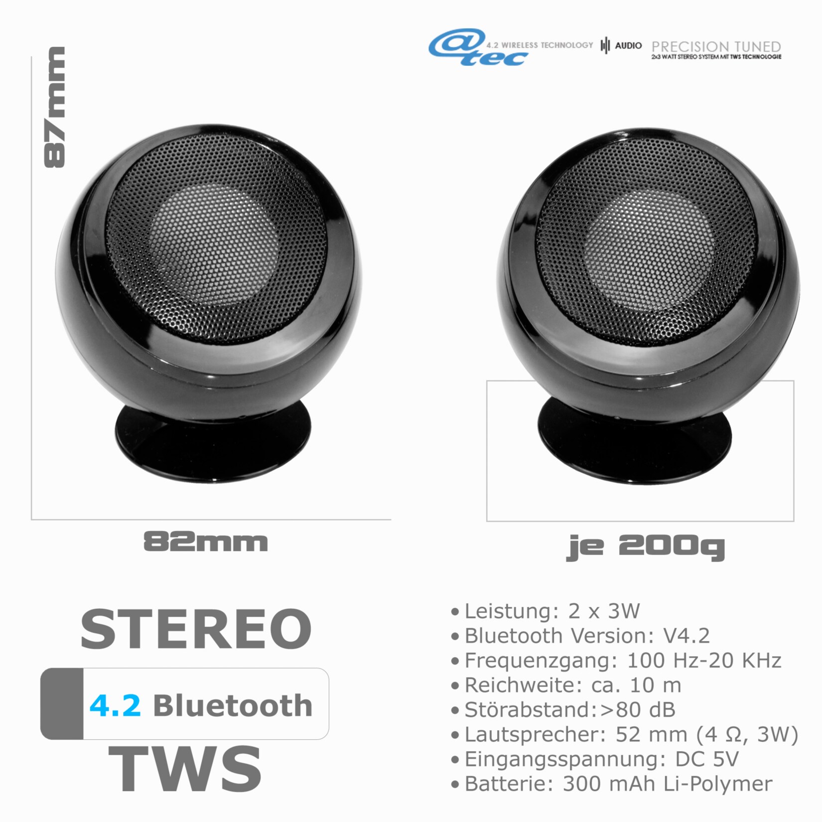 @tec TWS Mini Bluetooth Lautsprecher 2*3W True Wireless Stereo Speaker, kabellos, tragbar