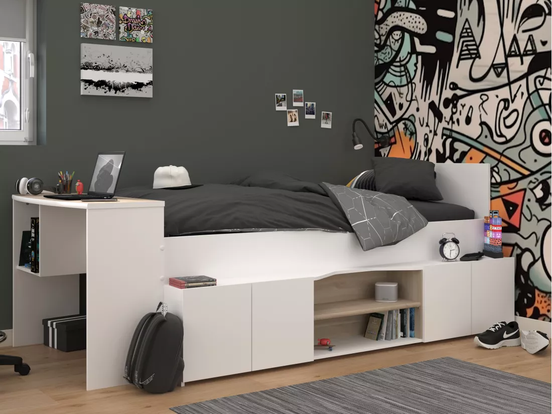 Lit combiné 90 x 190/200 cm avec bureau et rangements - Blanc et naturel - JOCHIANE