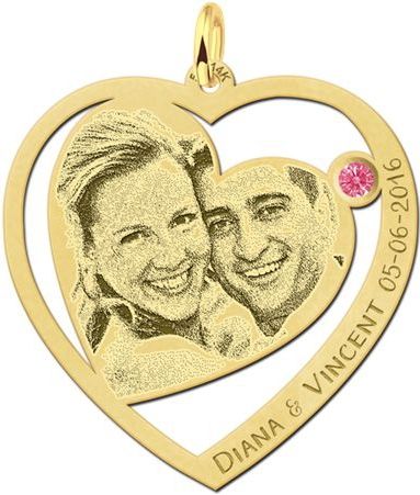 Gouden hartjes hanger met foto en geboortesteen