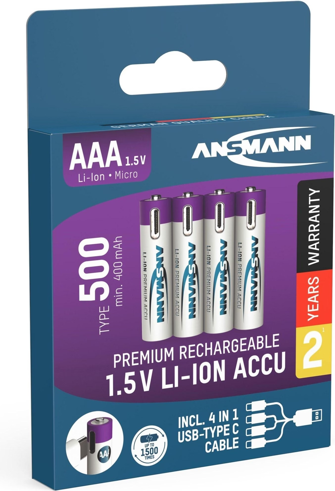 (4er Set) 500mAh Wiederaufladbarer AAA Lithium Ionen Akku USB C Batterie (1311-0028)