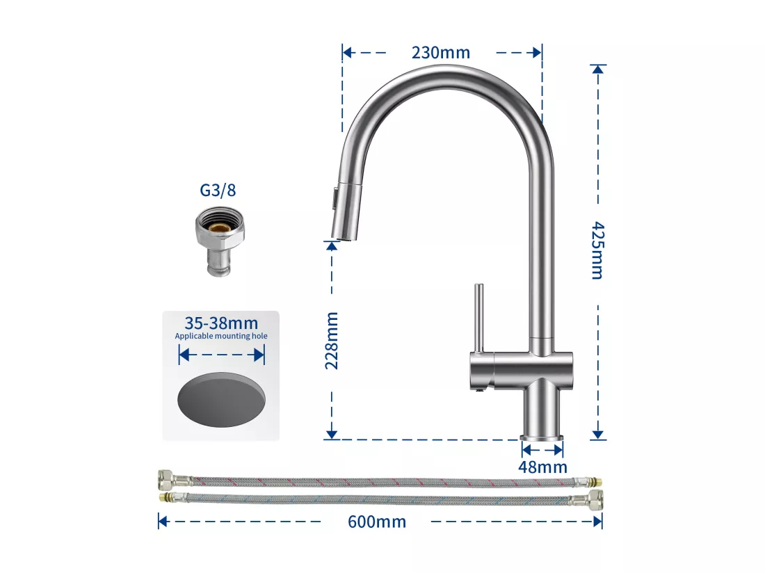Cecipa max Mitigeur Cuisine avec Douchette Extractible, Robinet en Acier Inoxydable Brossé, Robinet Cuisine d'Évier 2 Modes de Sortie D'eau,EU Modèle